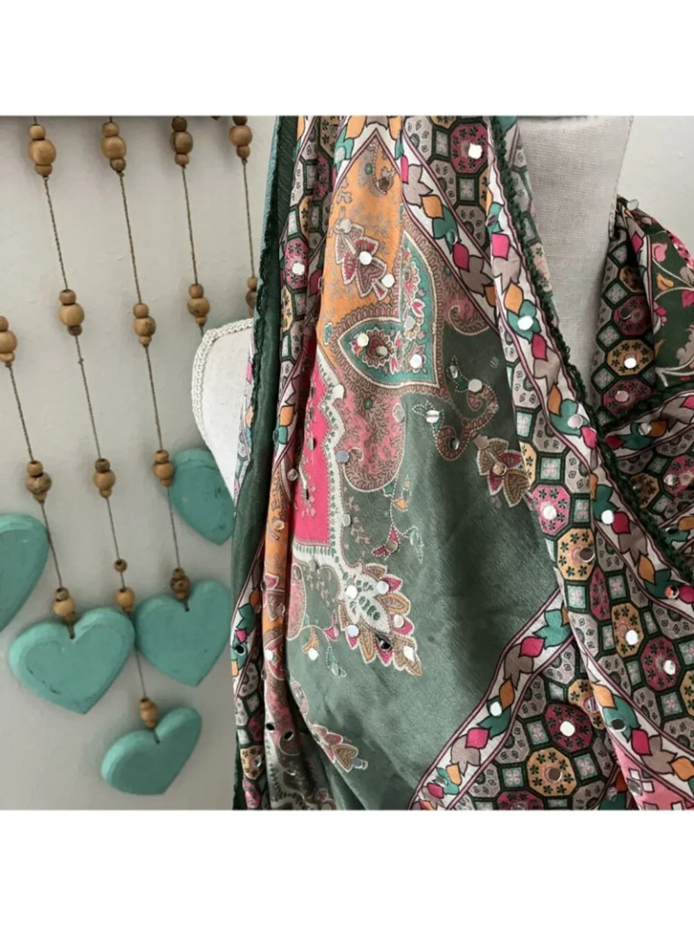 Gorgeous sage green pink mirror embroidered scarf 32x82 boho bohemian gypsy